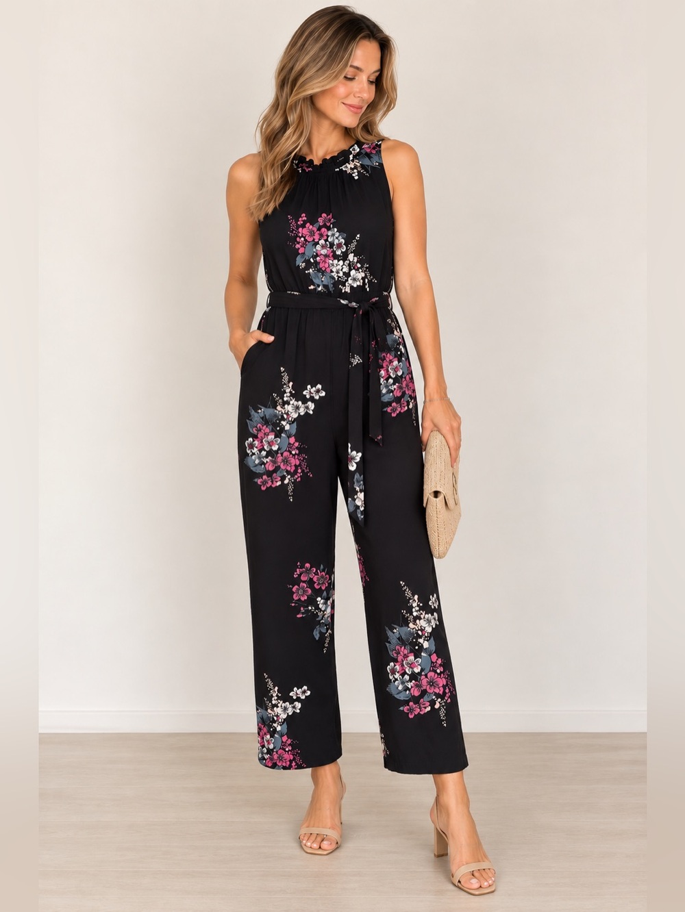 LOFT Black Floral Wide Leg Belted Jumpsuit XS